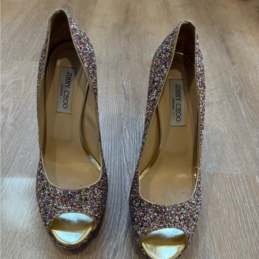Jimmy Choo Glitter Peep-Toe Platform Heels